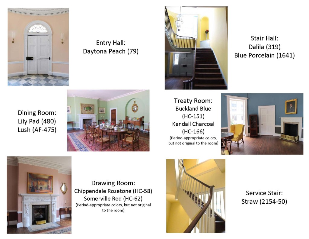 Colors are matched to the period colors present in the rooms in the 1810s, unless otherwise noted. Benjamin Moore Natura paint was used in each room.